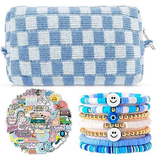 58 Pcs Checkered Makeup Bag Set Preppy Aesthetic Cosmetic Bag Travel Makeup Pouch Toiletry Bag 7 Pcs Heishi Surfer Bracelets with 50 Pcs Cute Stickers for Women Girls Teens Gift