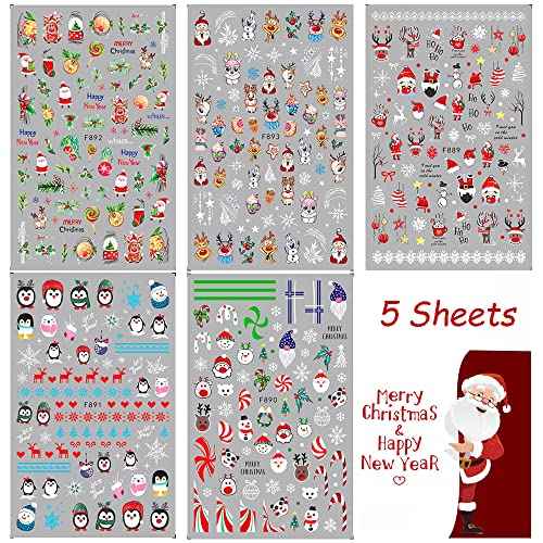 Christmas Nail Stickers Winter Snowflake Nail Art Decals 3D Self-Adhesive Christmas Nail Art Supplies Decorations Cute Santa Claus Sock Elk Tree Bears Xmas Holiday Nail Designs for Women 5 Sheets