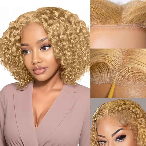 FABA Glueless Wigs Human Hair Pre Plucked Pre Cut Bob Blonde Curly Wig 7x5 Honey Blonde Deep Wave Wig Human Hair 180% Density Short Curly 14 Inch