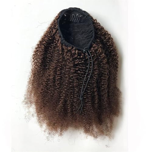 Afro Puffy Human Hair Ponytail Extensions Drawstring 100% Real Remy Hair Afro Kinkys Curly Bun Extension With Two Combs #4 Medium Brown 10 Inches