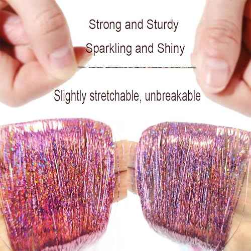 Pink Hair Tinsel with Tools,Fairy Strands Glitter Sparkling Shiny Tensile Hair Accessories for Christmas New Year(48 Inch Pack of 5Pcs, Rouge Pink)