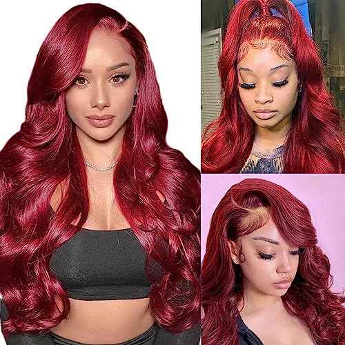 Burgundy Red Body Wave 13x4 HD Lace Front Glueless Wigs, 16-24 inch, 150% Density, Human Hair, Wavy, Curly, Modern Wavy, Glueless, Heat Resistant, Natural, Women's Wig