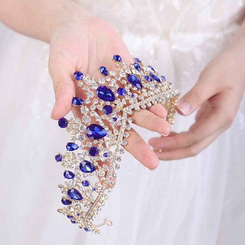 Wekicici Wedding Crown Emerald Crystal Rhinestone Tiara Blue Bridal Princess Tiara Headbands Hair Accessories for Bride Party Bridesmaids Birthday Prom Halloween Costume Cosplay Gifts(Blue)