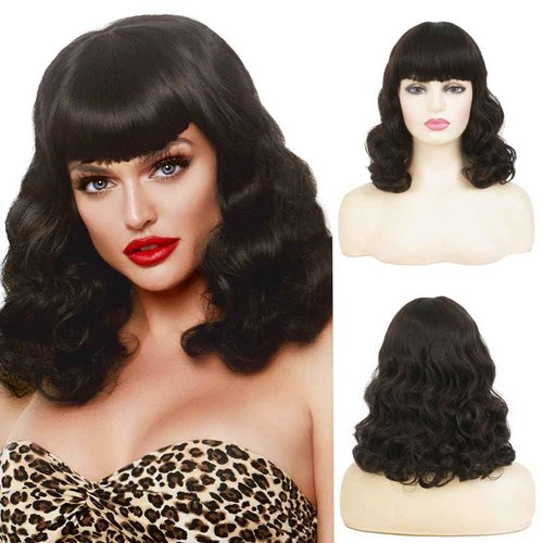 Dai Cloud Women Short Black Finger Wave Wigs with Bangs 1920s Curly Synthetic Flapper Wig Heat Resistant Vintage Halloween Cosplay Costume Hair Wig