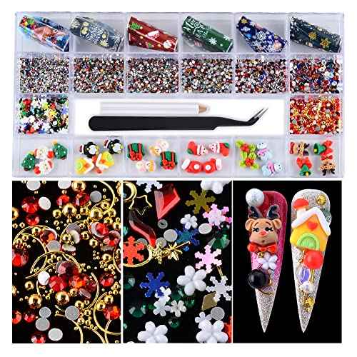 Christmas Nail Art Rhinestones Christmas Resin Nail Charms Nail Foil Sequins 3D Reindeer Socks Bell Christmas Tree Design for Nails Art Gems DIY Crafts Decoration with Wax Pen & Tweezer