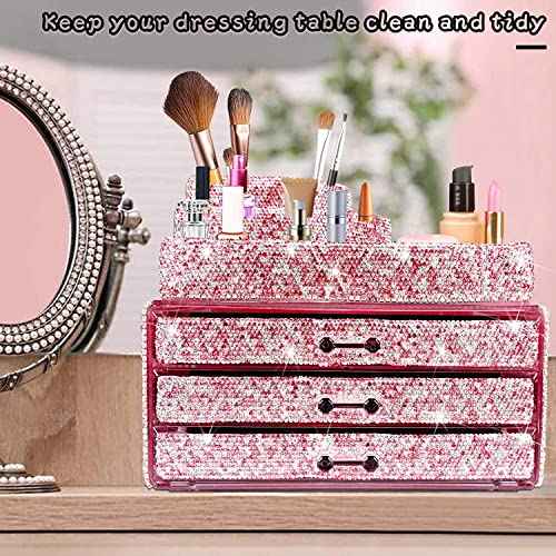 KEYPOWER Makeup Organizers Drawer Bling Diamond,Countertop Jewelry Cosmetic Storage Display Boxes,Makeup Brush Holder,2 Pieces Set(Purely Handmade)(Pink)