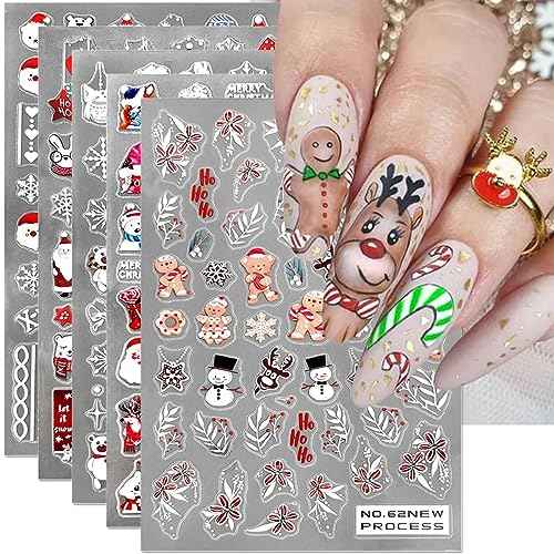 6Sheets Christmas Nail Stickers for Nail Art, 3D Snowflake Nail Decals Cute Cartoon Elk Santa Claus Snowman Penguin Deer Snowflakes Nail Art Stickers for Xmas Winter Decal New Year Manicure Decor