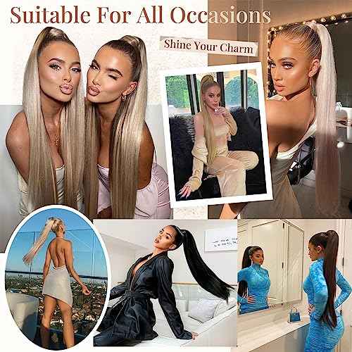 FLUFYMOOZ ponytail extension, 36 Inch Long Straight Drawstring Ponytail Synthetic Hairpieces Fake Pony Tails Natural Soft Clip in Hair Extension ponytail for Women (Jet Black)