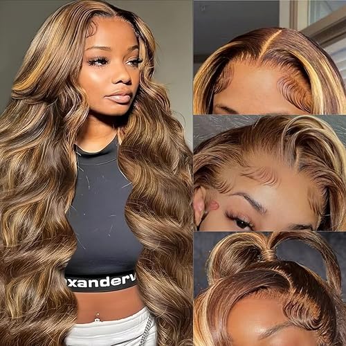 Highlight Ombre Lace Front Wigs Human Hair Pre Plucked 13x4 Body Wave Frontal Wigs 4/27 Colored Honey Blonde 180 Density Glueless HD Transparent Lace for Black Women 26 Inch