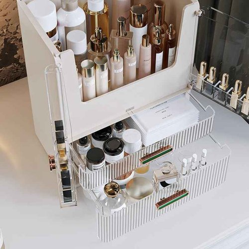 Utillify Acrylic Makeup Organizer with Drawers – 38.5CM Large Capacity Cosmetic Storage Box, Dustproof & Waterproof Vanity Organizer for Skincare, Jewelry, Lipsticks & Beauty Products (White)