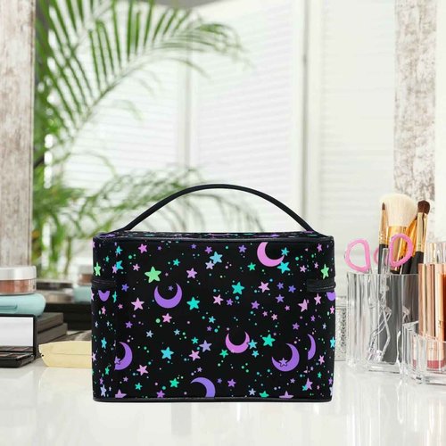 Makeup Bag, Crescents and Stars Makeup Organizer Bags Toiletry Bag Box Travel Cosmetic Bag Make Up Train Case for Women Teen Girl Ladies