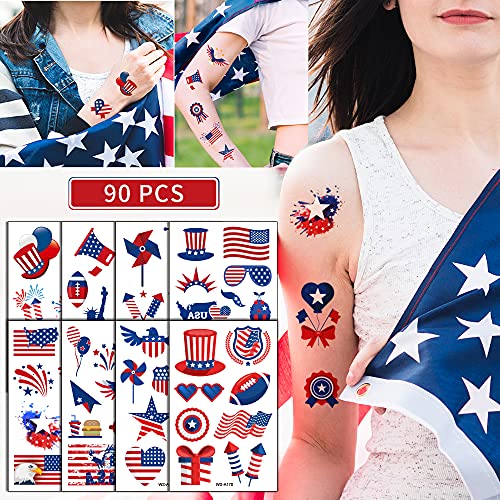 Temporary Tattoos, 90Pcs Independence Day Tattoos (10 Sheets) American Flag Red White & Blue Design USA Body Art Patriotic Stickers for Labor Day Memorial Day Decoration Party Supplies Flags