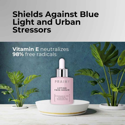 PRAIMY Lifting Face Serum with Niacinamide, Caffeine, Vitamin C & E – Nourishing Botanical Extracts, Avocado Oil, Squalane & Escin Complex for Youthful, Radiant-Looking Skin, 1 fl oz