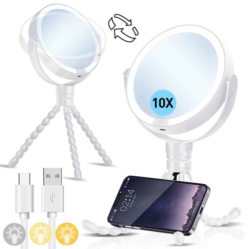 KOOKIN Travel Makeup Mirror with Lights and Magnification 1X/10X, Lighted Makeup Mirror, Rechargeable, 3 Color Lighting, Dimmable, 360° Rotation, Double Sided, Hanging Handheld Mirrors (White)