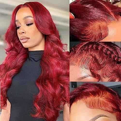 Burgundy Red Body Wave 13x4 HD Lace Front Glueless Wigs, 16-24 inch, 150% Density, Human Hair, Wavy, Curly, Modern Wavy, Glueless, Heat Resistant, Natural, Women's Wig