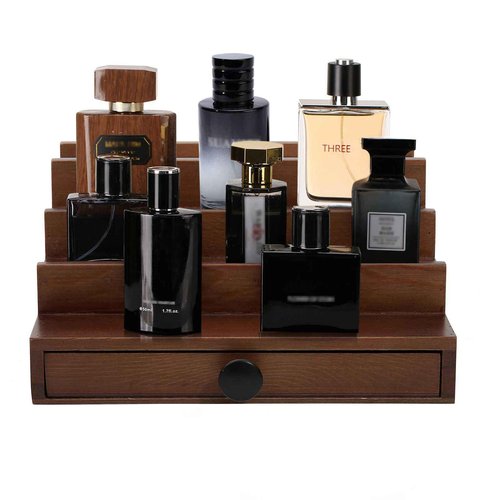 Fengligoo Walnut Cologne Organizer for Men - 4 Tier Wooden Cologne Perfume Display Stand with Drawer and Hidden Compartment, Mens Cologne Holder Shelf for Organizing and Storing