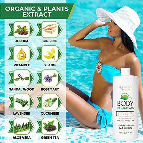 Professional Sunless Tanning Spray Tan Solution, Organic Essential Oils, Airbrush Formula, 33.8 Fl Oz. (Level 2 (10% DHA))