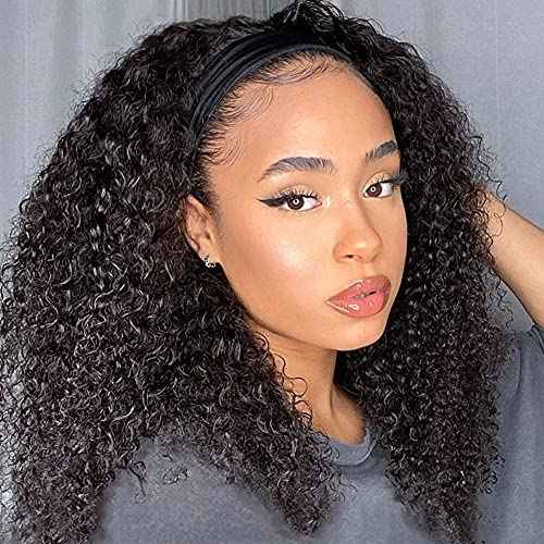 Eooma Curly Headband wig Human Hair 16 inch No Gel Kinky Curly Headband Wigs for Black Women 180 Density Scarf None Lace Front Wigs Human Hair