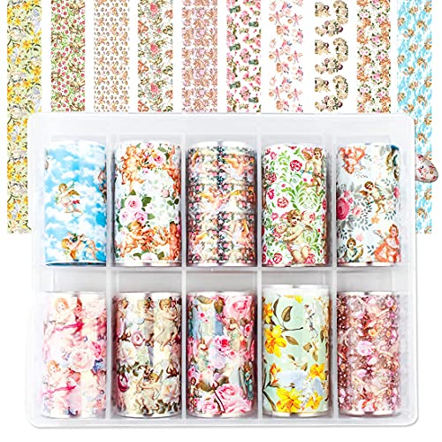 Nail Foil Transfer, DANNEASY 10 Sheets Angle Cupid Flower Design Nail Stickers Wraps Foil Nail Art Decals Manicure Strips DIY Nails Decoration Accessories