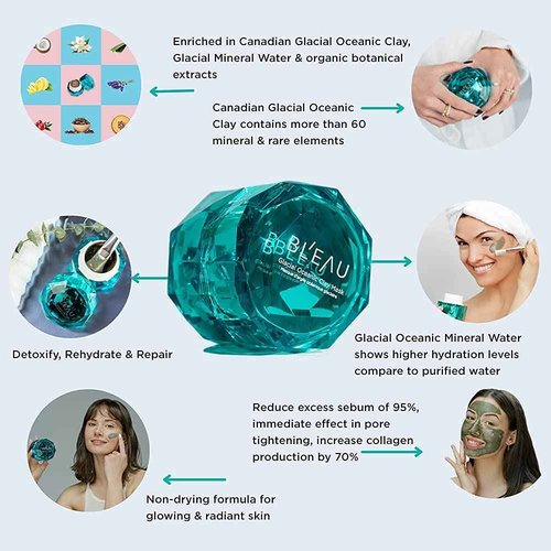 Bl'eau Glacial Oceanic Clay Mask - NSF Certified - Detox/Rehydrate/Repair, 50 g ℮ Net Wt. 1.8 oz