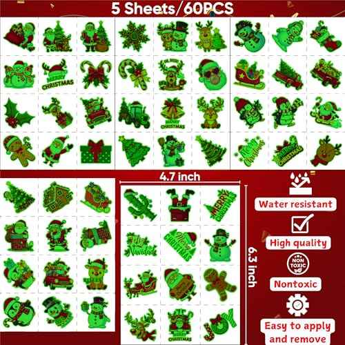 Glow In Dark Christmas Temporary Tattoos | Luminous Christmas Decorations Accessories Party Favors Supplies Goodie Bags Stocking Stuffers Xmas Santa Claus Snowman Gift Idea For Kis Teen Adult-60Pcs