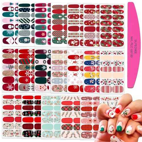 SILPECWEE 20 Sheets Christmas Nail Polish Strips Full Nail Wraps for Women Self Adhesive Nail Polish Stickers Holiday Manicure Stickers for Nail Art with Nail File (Chic Style)