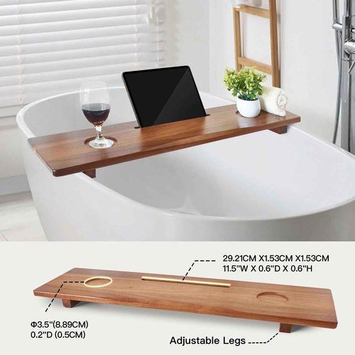 DAOYOUSKY Luxe Premium Acacia Wood Bathtub Tray Caddy with Adjustable Legs, 35x9 Inch Large Wooden Bath Tub Board, Anti-Tipping Bath Shelf Over Tub, Bathtub Accessories