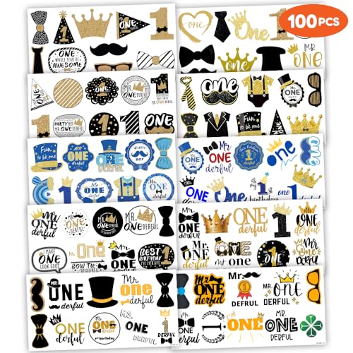 Mr Onederful First Temporary Tattoos 10 Sheets 100 PCS Onederful 1st Party Decorations Favors Supplies First Theme Birthday Stickers Gifts for Boys Girls Kids Class School Prizes Carnival Christmas