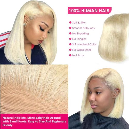 Hoscod Blonde Bob Wig Human Hair Straight 613 Bob Wig Human Hair 12 Inch 180 Density 613 Blonde Suitable for All Hair Types 13x4 HD Transparent Lace Wigs for Women Glueless Wigs with Baby Hair
