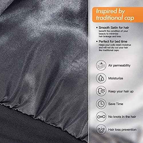 Silky Satin Lined Bonnet Sleep Cap - Adjustable Stay on All Night Hair Wrap Cover Slouchy Beanie for Curly Protection Women and Men Solid Black