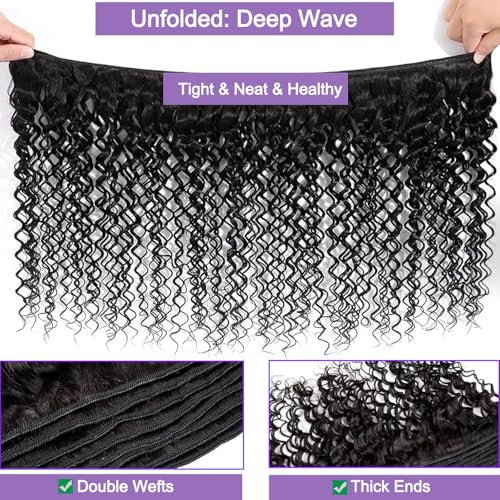 12A Human Hair Bundles 18 20 22 Inch Deep Wave Bundles Human Hair 100% Unprocessed Brazilian Virgin Deep Curly Weave 3 Bundles Hair Extensions for Women Natural Color