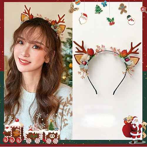QUUPY Christmas Deer Antlers Flower Berry Headband Crown Floral Headband Christmas Boho Headdress Party Headwear Hair Hoop Christmas Hair Accessories for Women Girls