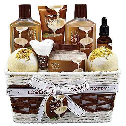 Christmas Gifts For Women Gift Basket for Women? 9 Piece Set of Vanilla Coconut Home Spa Set, Includes Fragrant Lotions, Extra Large Bath Bombs, Coconut Oil, Luxurious Holiday Bath & Body Gift Sets