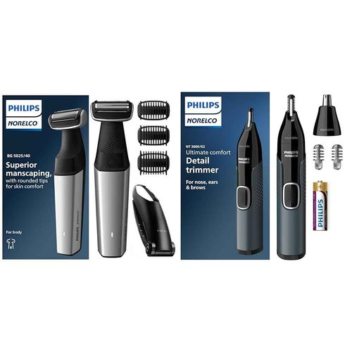 Philips Norelco Bodygroom Series 5000 Showerproof Body & Manscaping Trimmer for Men with Back Attachment, BG5025/40 + Philips Norelco Nose Trimmer 3000, for Nose, Ears, Eyebrows, NT3600/62