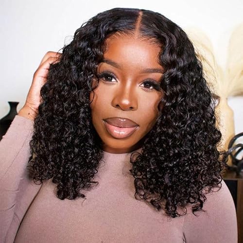 250 Density Short Water Wave Wig Bob Wig Human Hair Glueless HD Transparent Lace Frontal Human Hair Wigs 13x4 Water Wave Frontal 14 Inch Curly Bob Wig Human hair Wet and Wavy