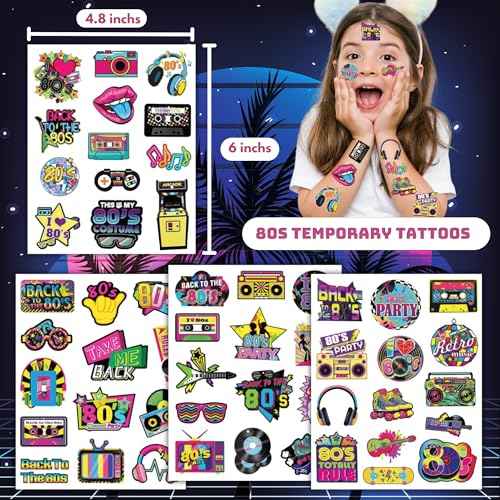 53 PCS 80s Temporary Tattoos, Retro 1980s Hip Hop Party Birthday Decorations Fake Game Console Recorder Tattoo Body Sticker for 80s Birthday Party Favors Supplies Kids Boys Girls Party Bag Filler