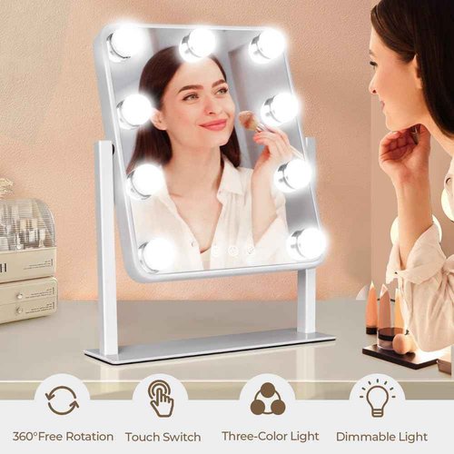 Leadzones Hollywood Vanity Mirror with Lights,Tabletop Makeup Mirror with 9 LED Lights Smart Touch Control 3 Colors Light 360°Rotation Detachable 10X Magnification