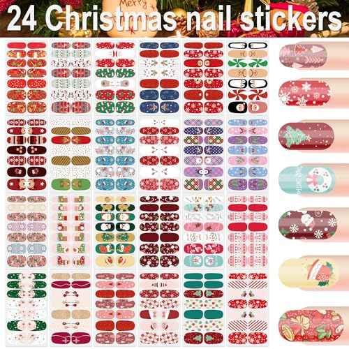 DANNEASY 24 Sheets Christmas Nail Wraps Cute Holiday Nail Polish Stickers Stick on Nail Polish Strips Self Adhesive Gel Fingernail Stickers Nails for Women with Nail File, Cuticle Stick