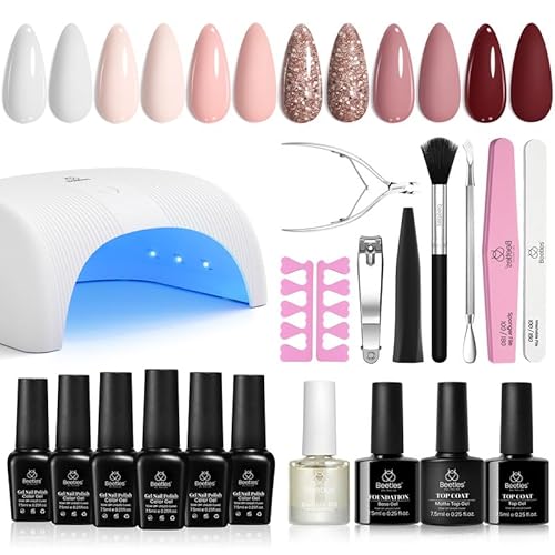 Beetles Gel Nail Polish Kit with U V Light, 6 Colors Starter Kit Pink Nude White Glitter Gel Polish with Base Gel Top Coat Cuticle Oils Nail Accessories for Girls Women Winter Christmas Gifts