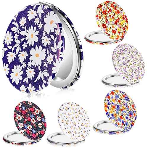 6 Pieces Daisy Pattern Pocket Mirrors for Women Floral Small Mini Compact Mirror for Purse Magnifying Travel Makeup Bags Portable Folding Sweet Gift for Friend Birthdays Party