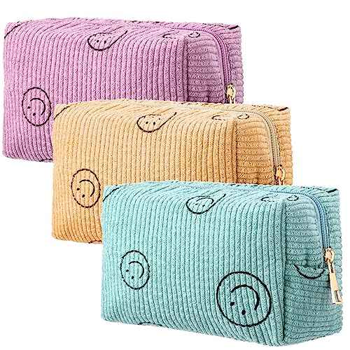 Photect 3 Pcs Corduroy Cosmetic Bag Smile Face Aesthetic Preppy Pencil Pouch Purse Travel Beauty Makeup Bags for School Christmas Women Holiday Organizer Gifts(Classic,Pink, Yellow, Green)