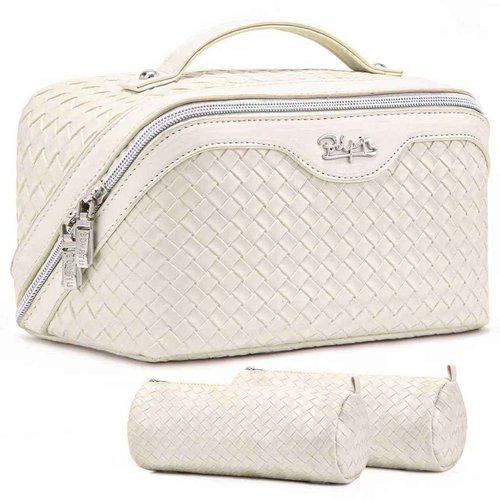 BOYATU Travel Makeup Bags for Women: Large Cosmetic Bag - Vegan Leather Make up Bags Set of 3 - Protable Toiletry Bag Compact Organizer with Compartments (L09 Beige)