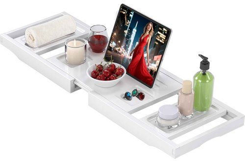 Bathtub Tray Caddy,Premium Bamboo Expandable Bath Tub Trays Table, Foldable Bathroom Accessories,Great House Warming, Anniversary and Birthday Gifts,White