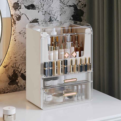 Utillify Acrylic Makeup Organizer with Drawers – 38.5CM Large Capacity Cosmetic Storage Box, Dustproof & Waterproof Vanity Organizer for Skincare, Jewelry, Lipsticks & Beauty Products (White)