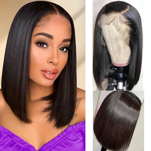 TONGMAY Lace Front Bob Wigs Human Hair 13x4 HD Lace Glueless Bob Wig Human Hair Short Straight Frontal Wigs for Women Pre Plucked with Baby Hair Side Part 180% Density Natural Black 14 Inch