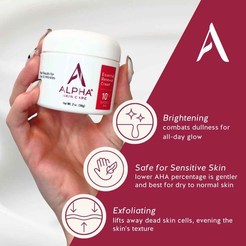 Alpha Skin Care Essential Renewal Cream, 10% Glycolic AHA, Anti-Aging Formula, Reduces Lines & Wrinkles, Hydroxy Acid Exfoliates for Smoother Skin, Normal, Sensitive or Dry Skin, 2 Oz, Pack of 3