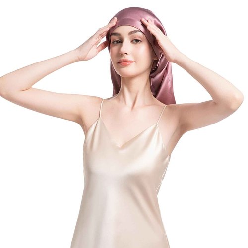FATEGEART 19 Momme 100% Mulberry Silk Cap for Sleeping Women,Adjustable Long Silk Bonnet for Curly Hair Elastic Night Cap (US, Alpha, One Size, MauvePink)