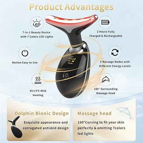 Facial Beauty Device, Multifunctional Facial Skin Care Tools with Vibration, Red and Blue LED Light, 7 Color Led Face and Neck Beauty Device for Home Use, Improve Skin