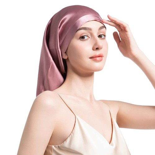 FATEGEART 19 Momme 100% Mulberry Silk Cap for Sleeping Women,Adjustable Long Silk Bonnet for Curly Hair Elastic Night Cap (US, Alpha, One Size, MauvePink)