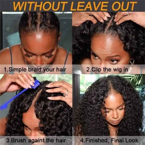 Amznlady Curly V Part Wig Human Hair Brazilian Virgin Human Hair Wigs for Black Women Upgrade U Part Wigs Glueless Full Head Clip In Half Wig No Leave Out 180% Density Natural Black 18 Inch
